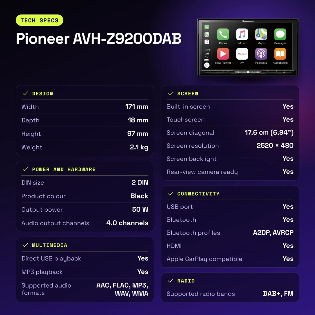 Autorradio Pioneer Negro CarPlay Android Auto 6.94 pulgadas 2DIN AVH-Z9200DAB - características