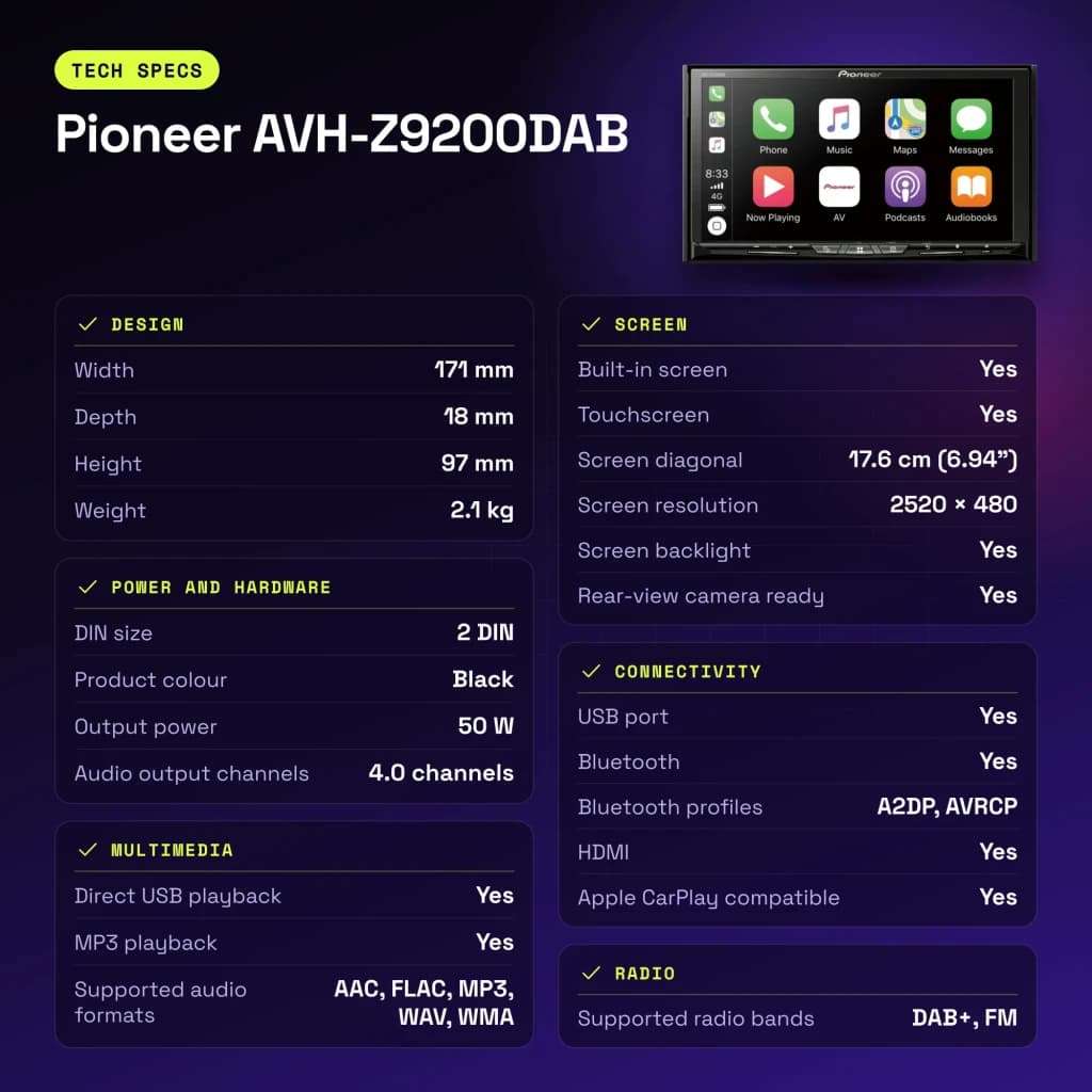 Autorradio Pioneer Negro CarPlay Android Auto 6.94 pulgadas 2DIN AVH-Z9200DAB - características
