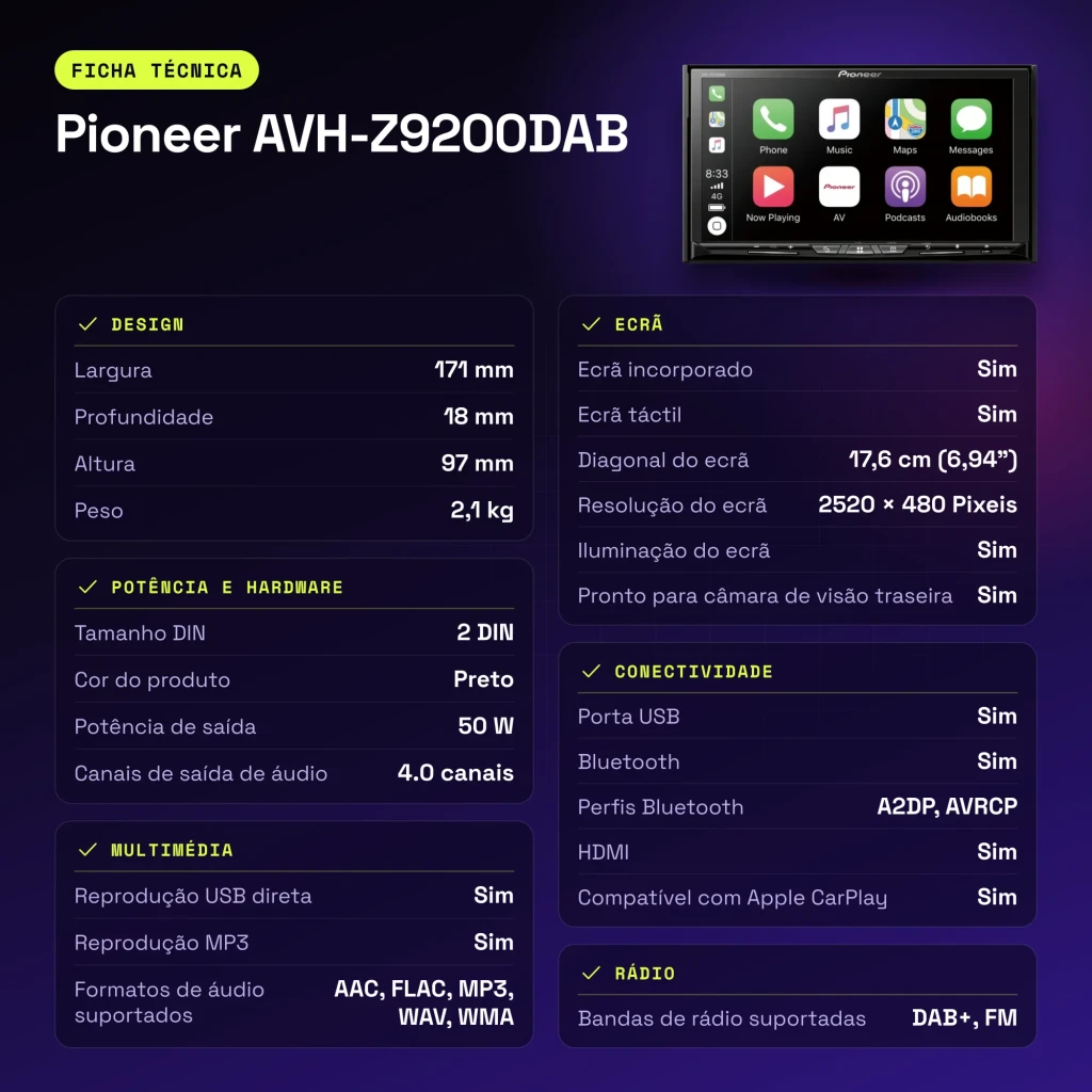 Autorradio Pioneer Negro CarPlay Android Auto 6.94 pulgadas 2DIN AVH-Z9200DAB - características