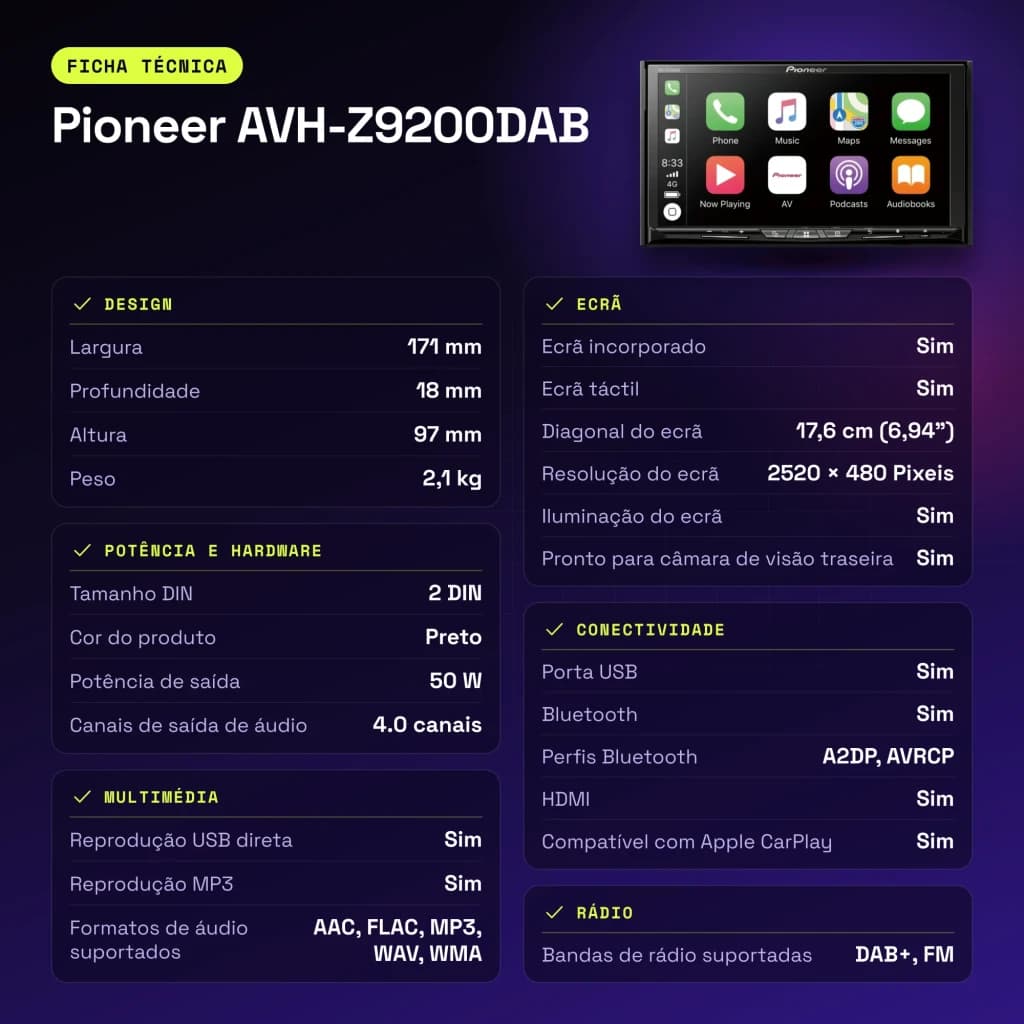 Autorradio Pioneer Negro CarPlay Android Auto 6.94 pulgadas 2DIN AVH-Z9200DAB - características
