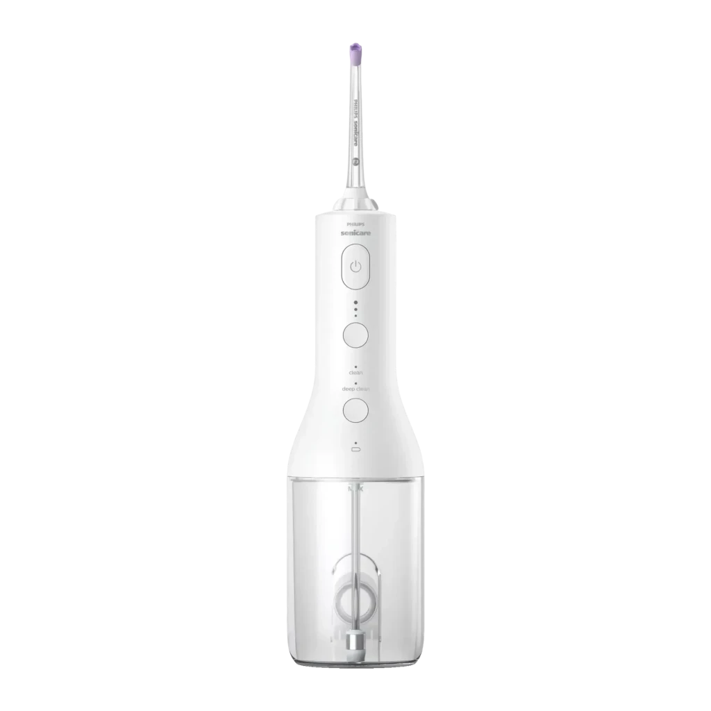 Irrigador oral Philips Sonicare Power Flosser 3000 Sin Cable Blanco HX3826, vista frontal: mango blanco con botón