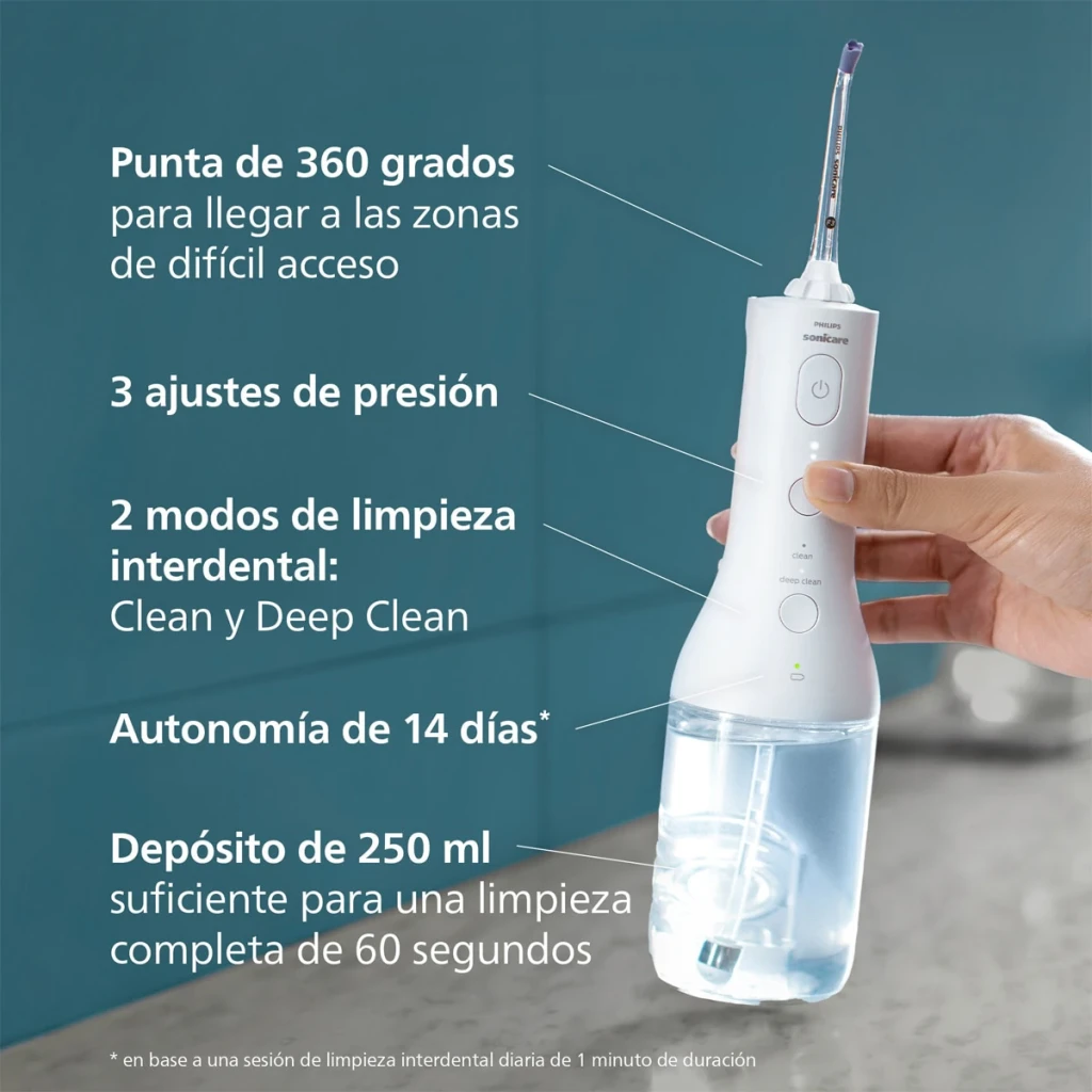 Irrigador oral Philips Sonicare Power Flosser 3000 Sin Cable Blanco HX3826, infografía: mano sostiene el dispositivo