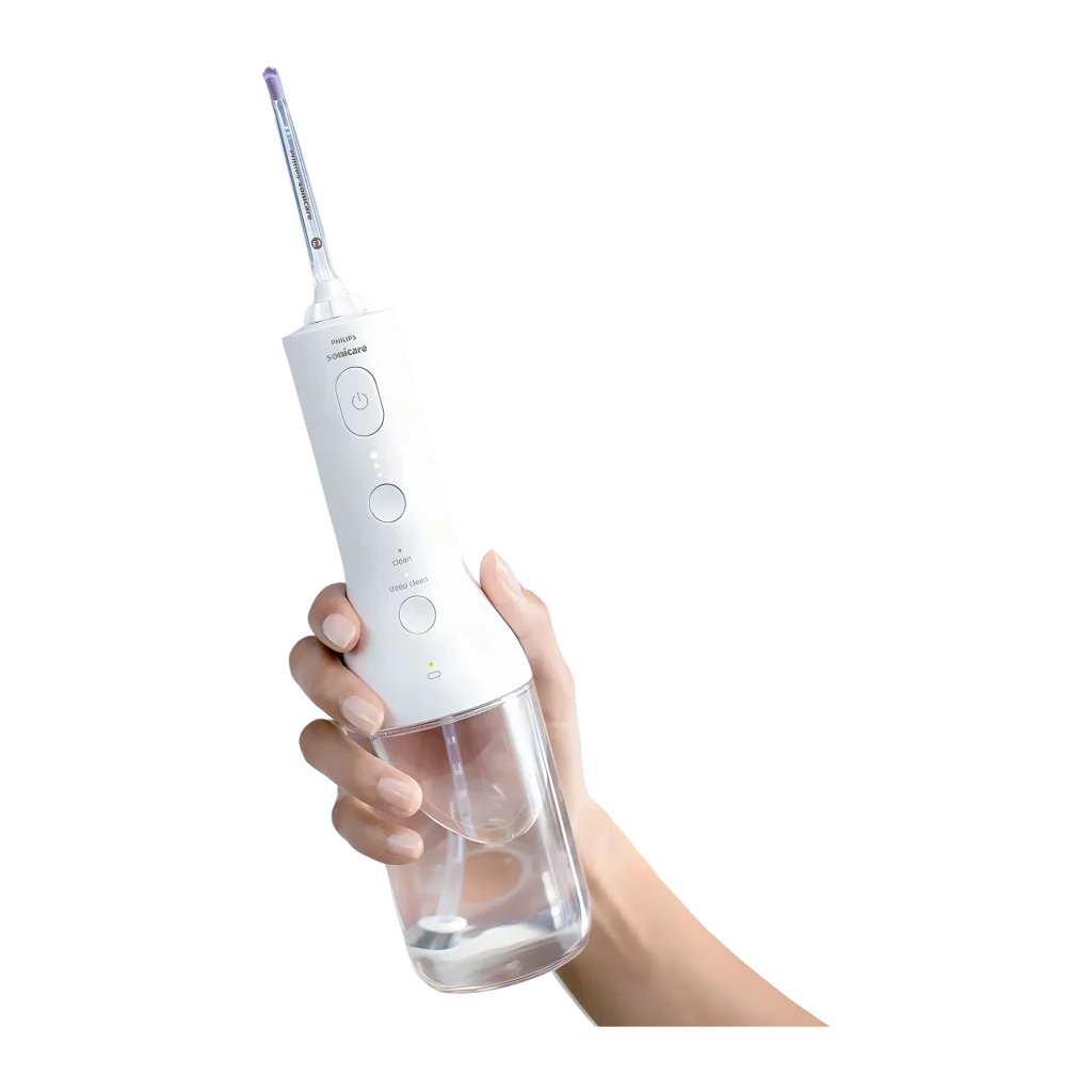 Irrigador oral Philips Sonicare Power Flosser 3000 Sin Cable Blanco HX3826, detalle: mano sujetando el dispositivo
