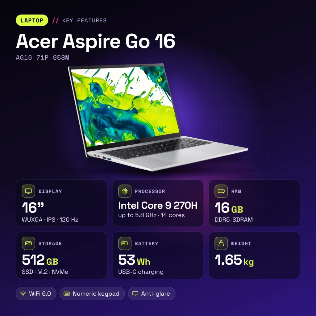 Portátil Acer Aspire Go 16 16GB/512GB 16 pulgadas IPS WUXGA Intel Core 9 270H SSD NVMe PCIe 4.0 Windows 11 Home Plata AG16-71P-95SM - características