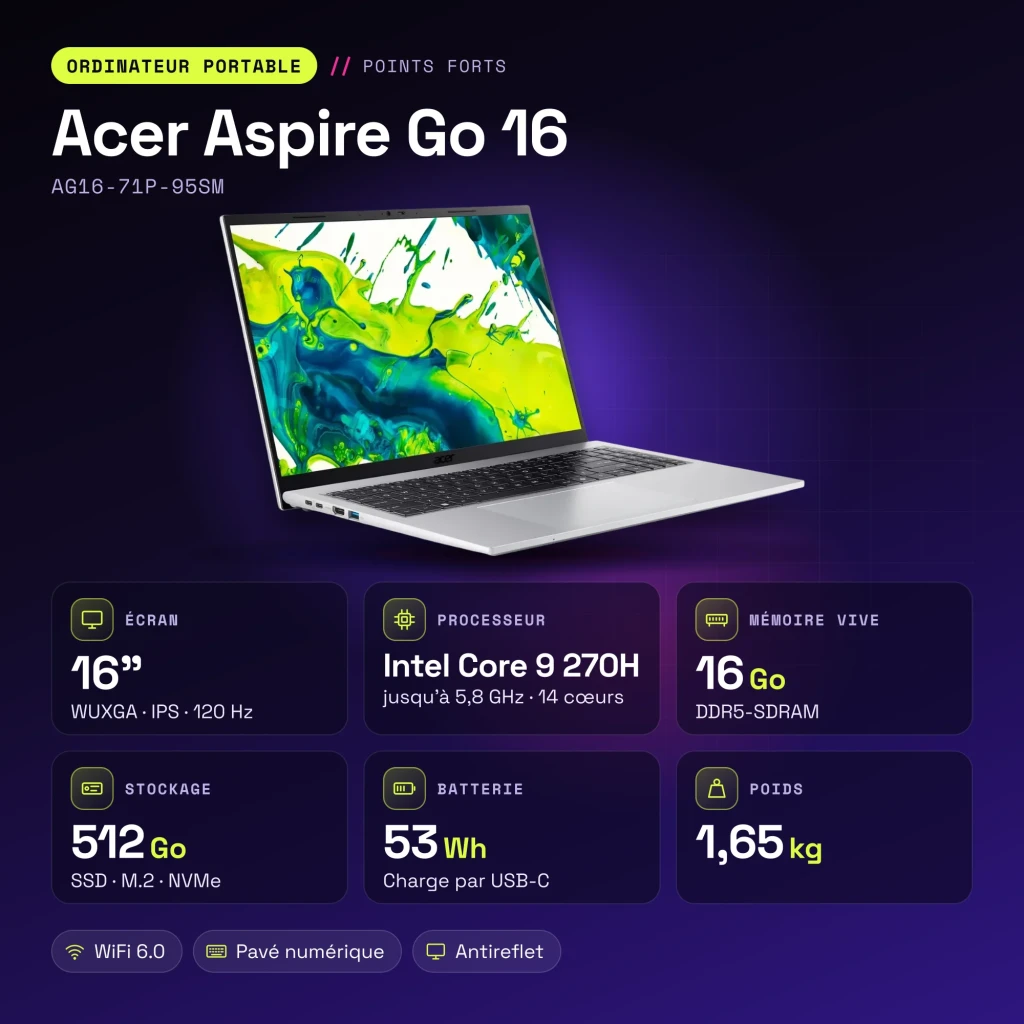 Portátil Acer Aspire Go 16 16GB/512GB 16 pulgadas IPS WUXGA Intel Core 9 270H SSD NVMe PCIe 4.0 Windows 11 Home Plata AG16-71P-95SM - características