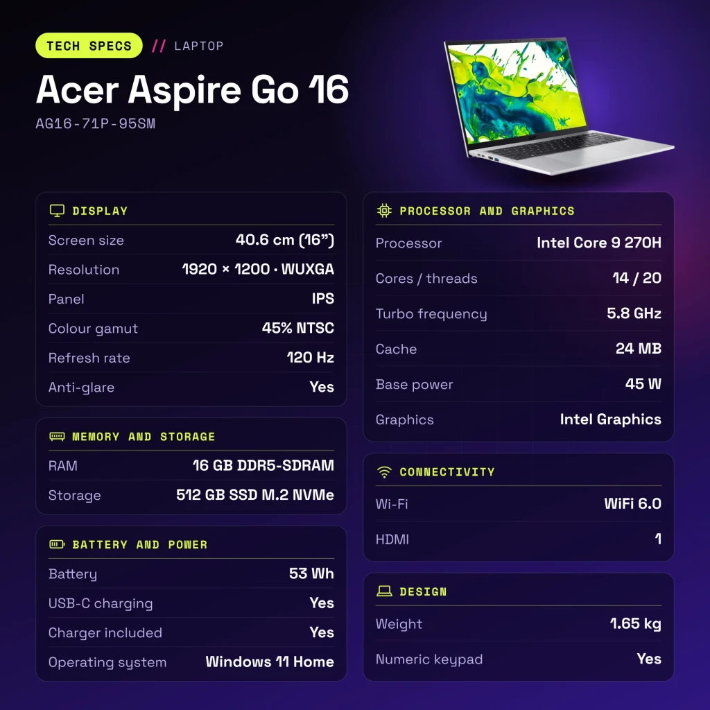 Portátil Acer Aspire Go 16 16GB/512GB 16 pulgadas IPS WUXGA Intel Core 9 270H SSD NVMe PCIe 4.0 Windows 11 Home Plata AG16-71P-95SM - características