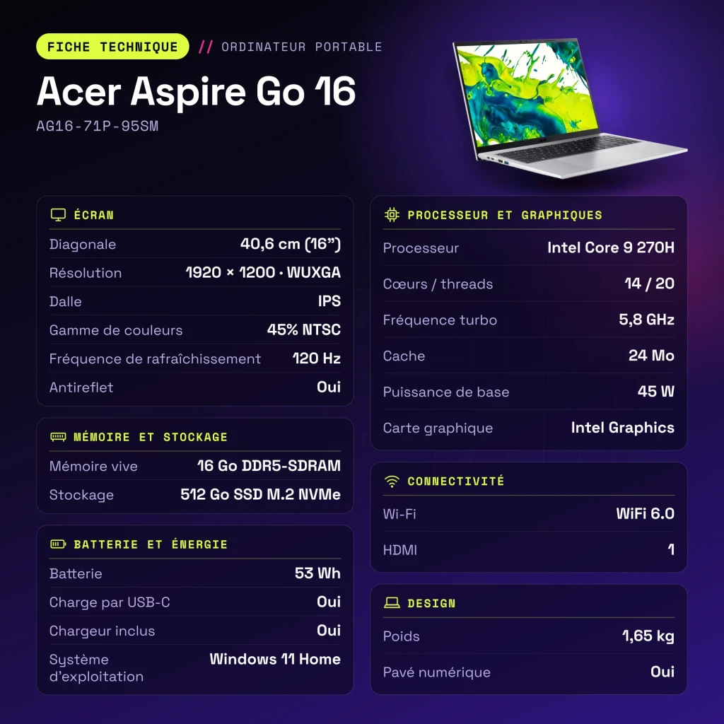 Portátil Acer Aspire Go 16 16GB/512GB 16 pulgadas IPS WUXGA Intel Core 9 270H SSD NVMe PCIe 4.0 Windows 11 Home Plata AG16-71P-95SM - características