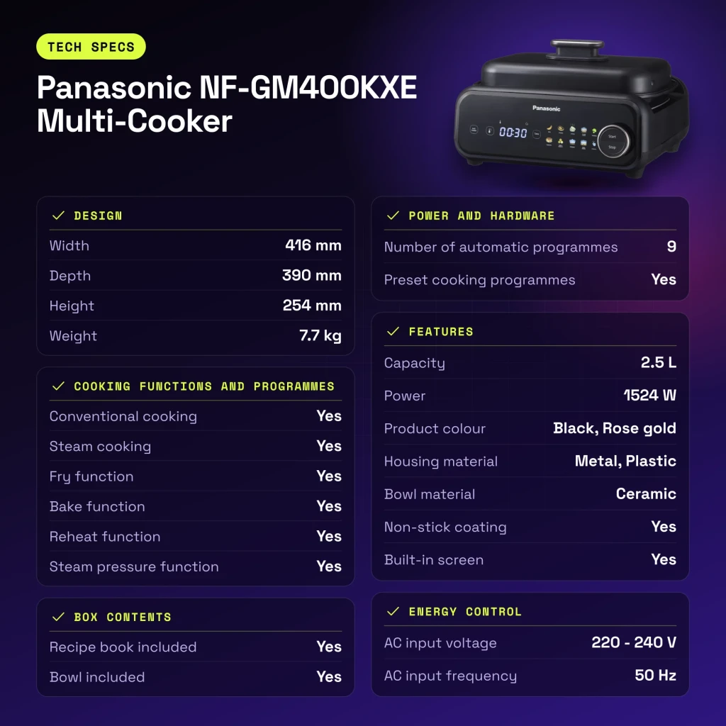 Multicuiseur Panasonic Multi-Cooker 2,5L 1524W Noir NF-GM400KXE - caractéristiques