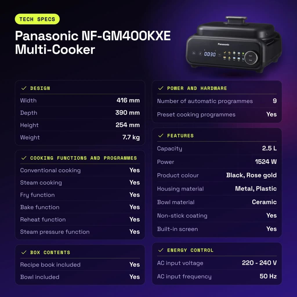 Multicuiseur Panasonic Multi-Cooker 2,5L 1524W Noir NF-GM400KXE - caractéristiques