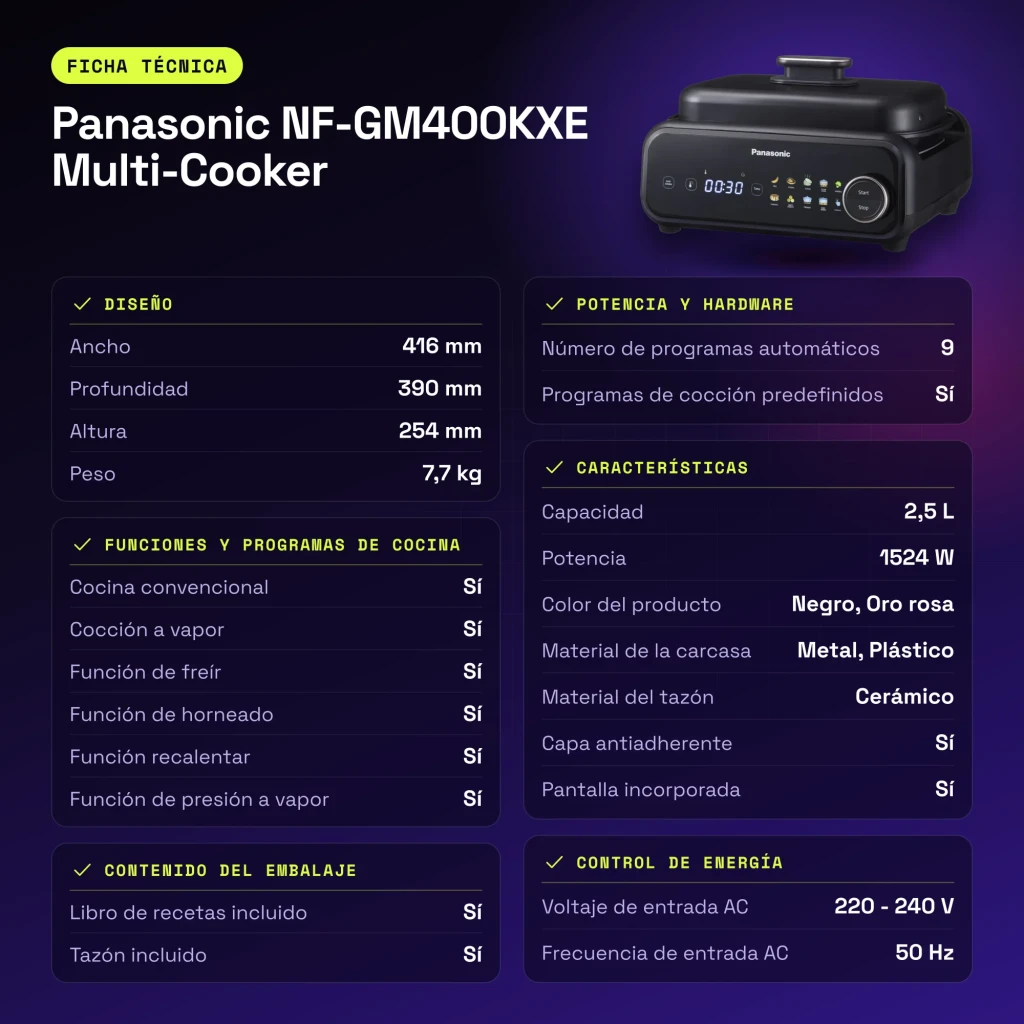 Multicuiseur Panasonic Multi-Cooker 2,5L 1524W Noir NF-GM400KXE - caractéristiques