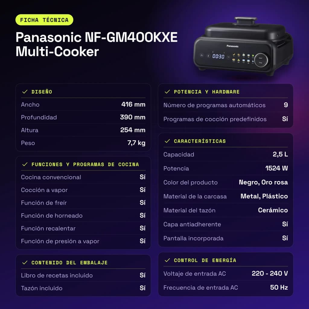 Multicuiseur Panasonic Multi-Cooker 2,5L 1524W Noir NF-GM400KXE - caractéristiques