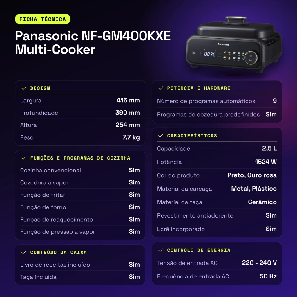 Multicuiseur Panasonic Multi-Cooker 2,5L 1524W Noir NF-GM400KXE - caractéristiques