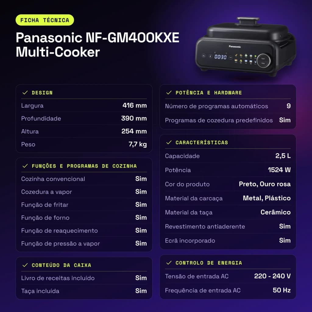 Multicuiseur Panasonic Multi-Cooker 2,5L 1524W Noir NF-GM400KXE - caractéristiques