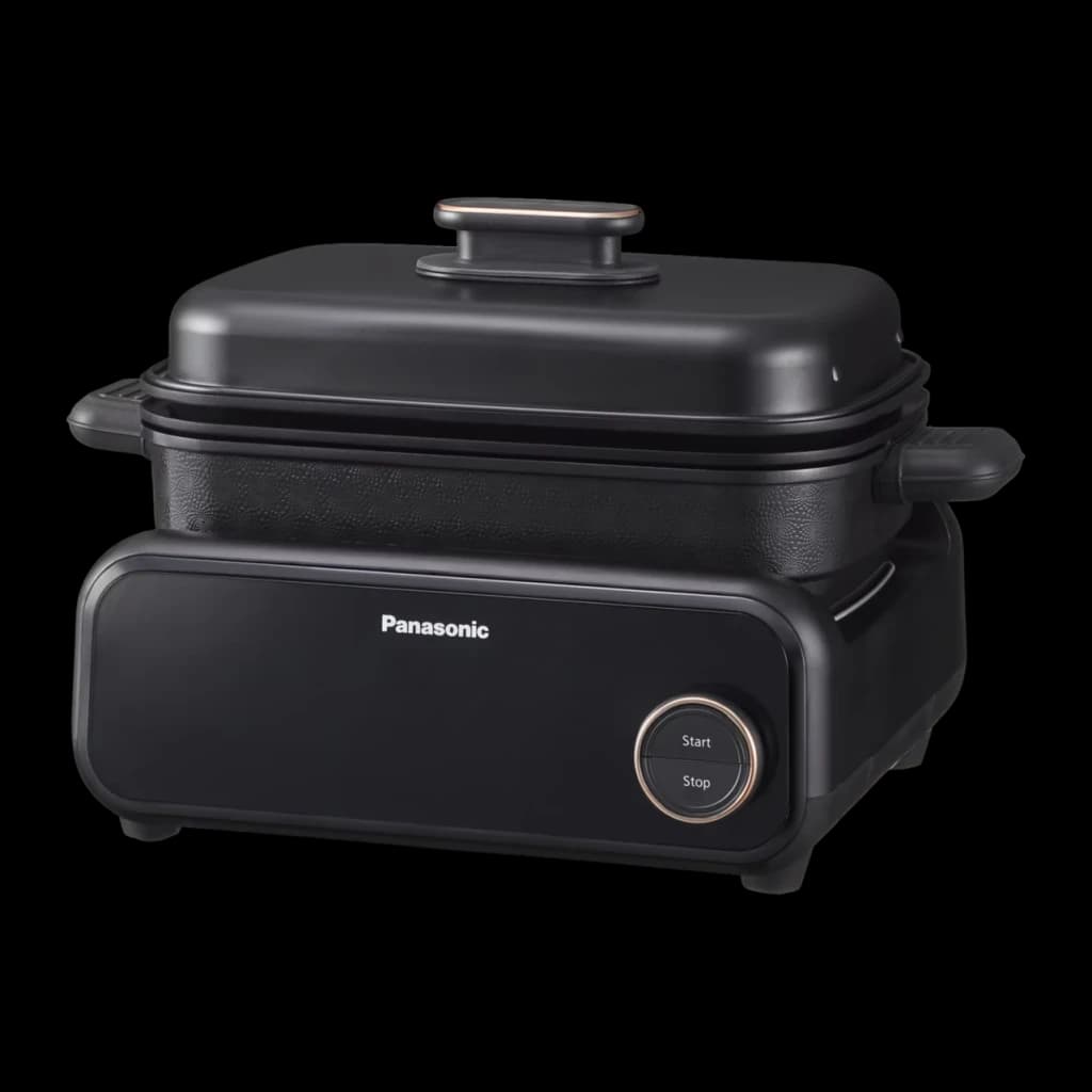 Multicuiseur Panasonic Multi-Cooker 2,5L 1524W Noir NF-GM400KXE, détail: panneau avant avec logo et bouton Start/Stop doré