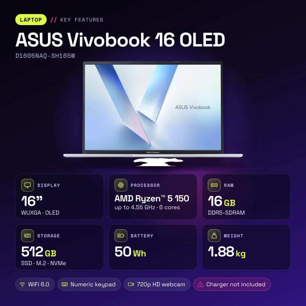Portátil ASUS Vivobook 16 OLED 16GB/512GB 16 pulgadas AMD Ryzen 5 150 NVMe PCIe 4.0 Windows 11 Home Plata D1605NAQ-SH165W - características