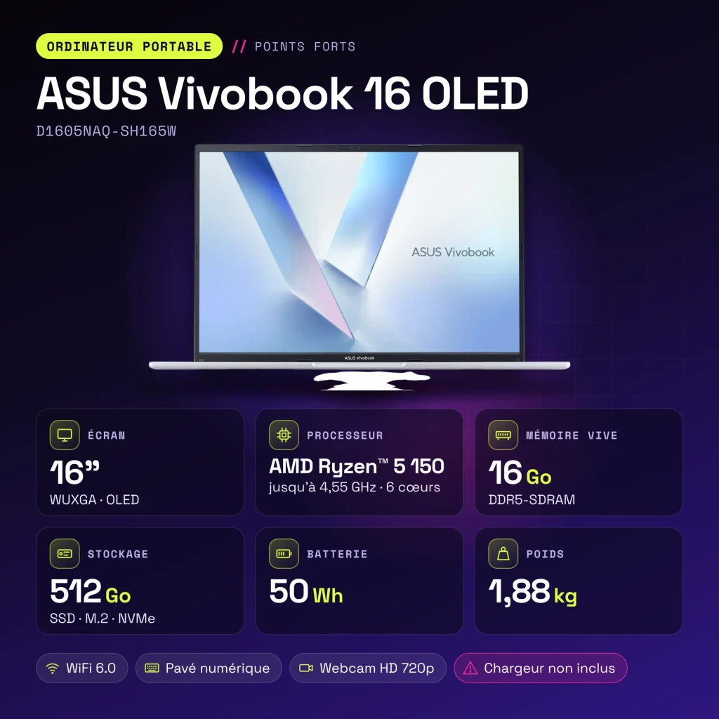 Portátil ASUS Vivobook 16 OLED 16GB/512GB 16 pulgadas AMD Ryzen 5 150 NVMe PCIe 4.0 Windows 11 Home Plata D1605NAQ-SH165W - características