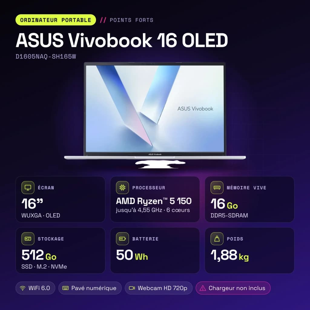 Portátil ASUS Vivobook 16 OLED 16GB/512GB 16 pulgadas AMD Ryzen 5 150 NVMe PCIe 4.0 Windows 11 Home Plata D1605NAQ-SH165W - características