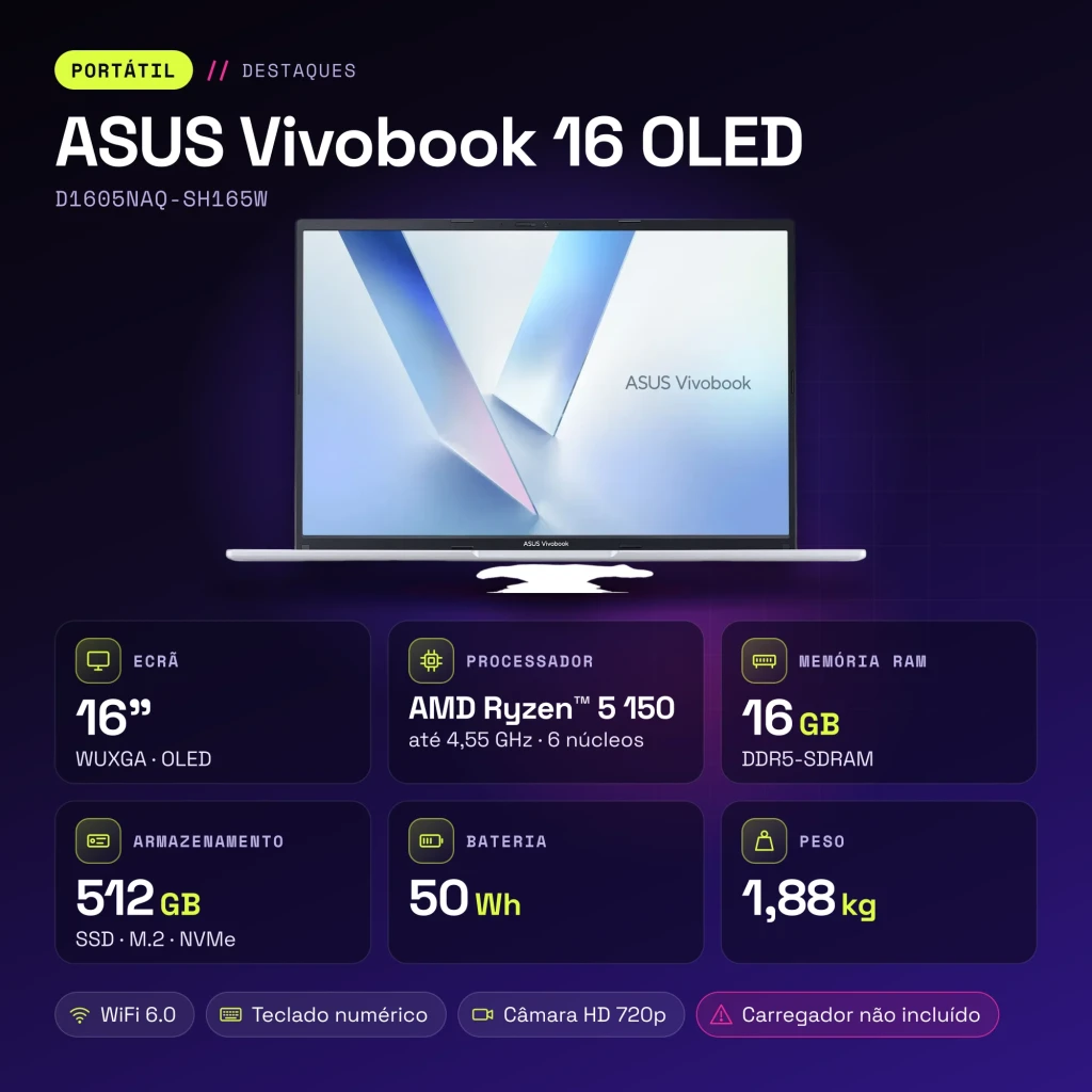 Portátil ASUS Vivobook 16 OLED 16GB/512GB 16 pulgadas AMD Ryzen 5 150 NVMe PCIe 4.0 Windows 11 Home Plata D1605NAQ-SH165W - características