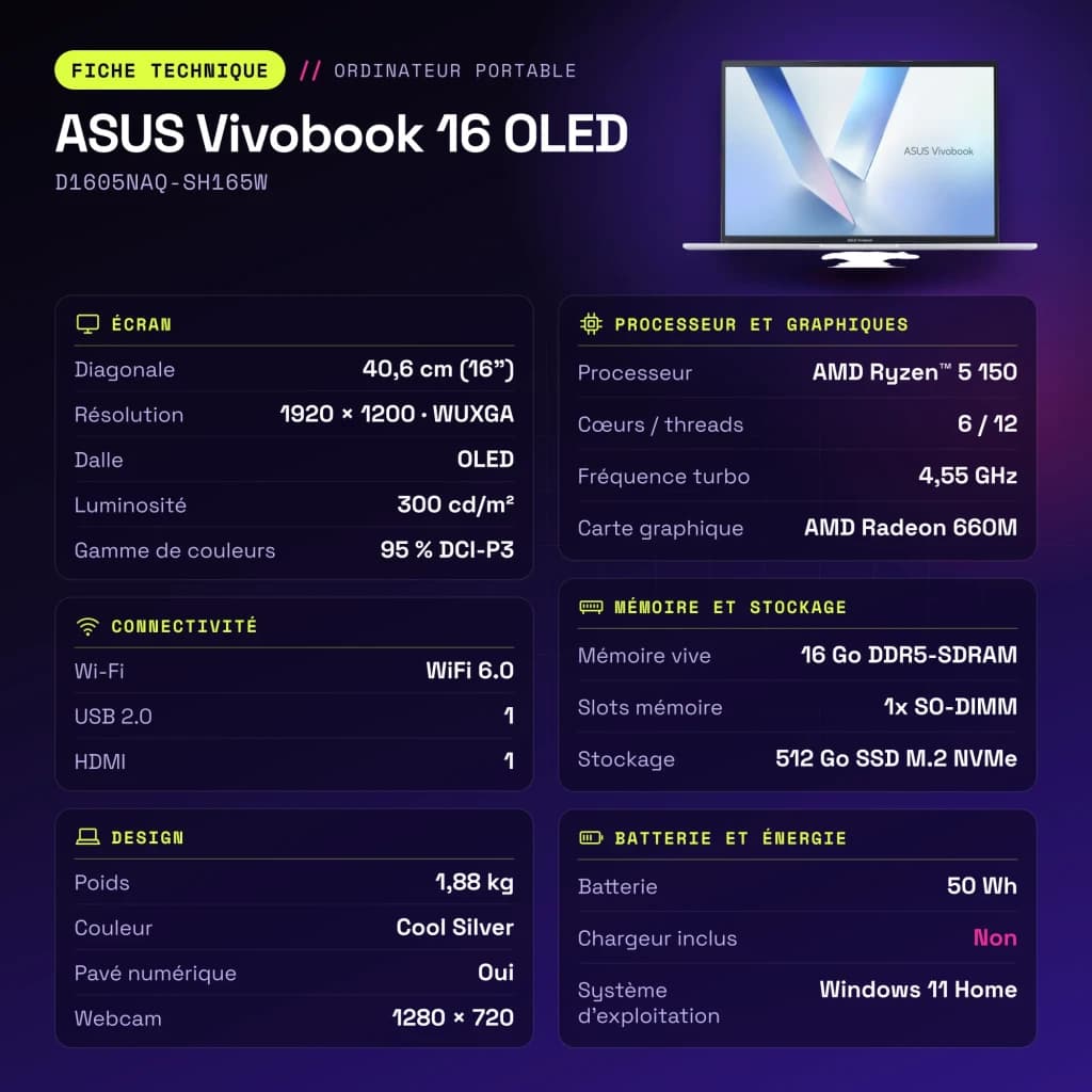 Portátil ASUS Vivobook 16 OLED 16GB/512GB 16 pulgadas AMD Ryzen 5 150 NVMe PCIe 4.0 Windows 11 Home Plata D1605NAQ-SH165W - características