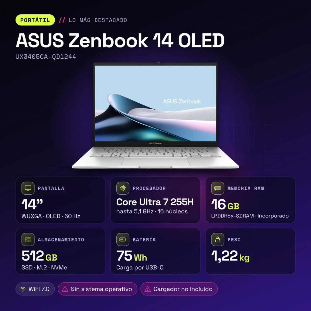 Ordinateur portable ASUS Zenbook 14 OLED 16 Go/512 Go 14 pouces Intel Core Ultra 7 255H SSD NVMe PCIe 4.0 Sans Système d'Exploitation Argent UX3405CA-QD1244 - caractéristiques