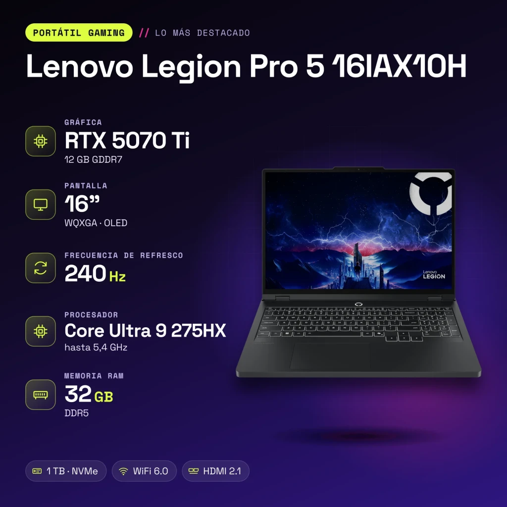 Portátil Gaming Lenovo Legion Pro 5 32GB/1TB SSD RTX 5070 Ti 12GB GDDR7 16 polegadas OLED QHD Intel Core Ultra 9 275HX NVMe PCIe 4.0 Sem Sistema Operativo Preto 16IAX10H - características