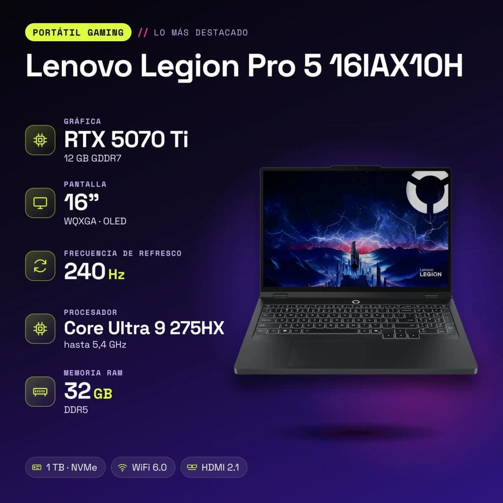 Portátil Gaming Lenovo Legion Pro 5 32GB/1TB SSD RTX 5070 Ti 12GB GDDR7 16 polegadas OLED QHD Intel Core Ultra 9 275HX NVMe PCIe 4.0 Sem Sistema Operativo Preto 16IAX10H - características