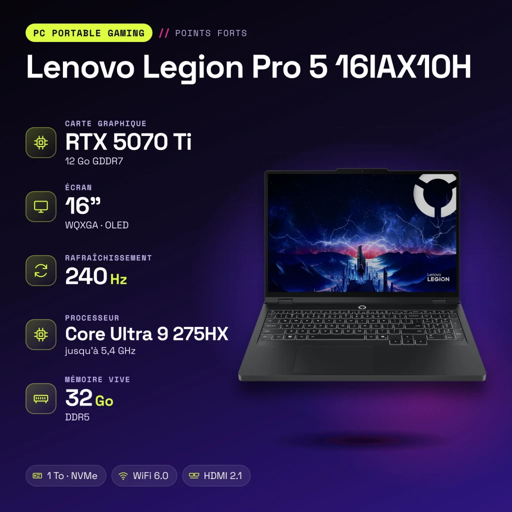 Portátil Gaming Lenovo Legion Pro 5 32GB/1TB SSD RTX 5070 Ti 12GB GDDR7 16 polegadas OLED QHD Intel Core Ultra 9 275HX NVMe PCIe 4.0 Sem Sistema Operativo Preto 16IAX10H - características