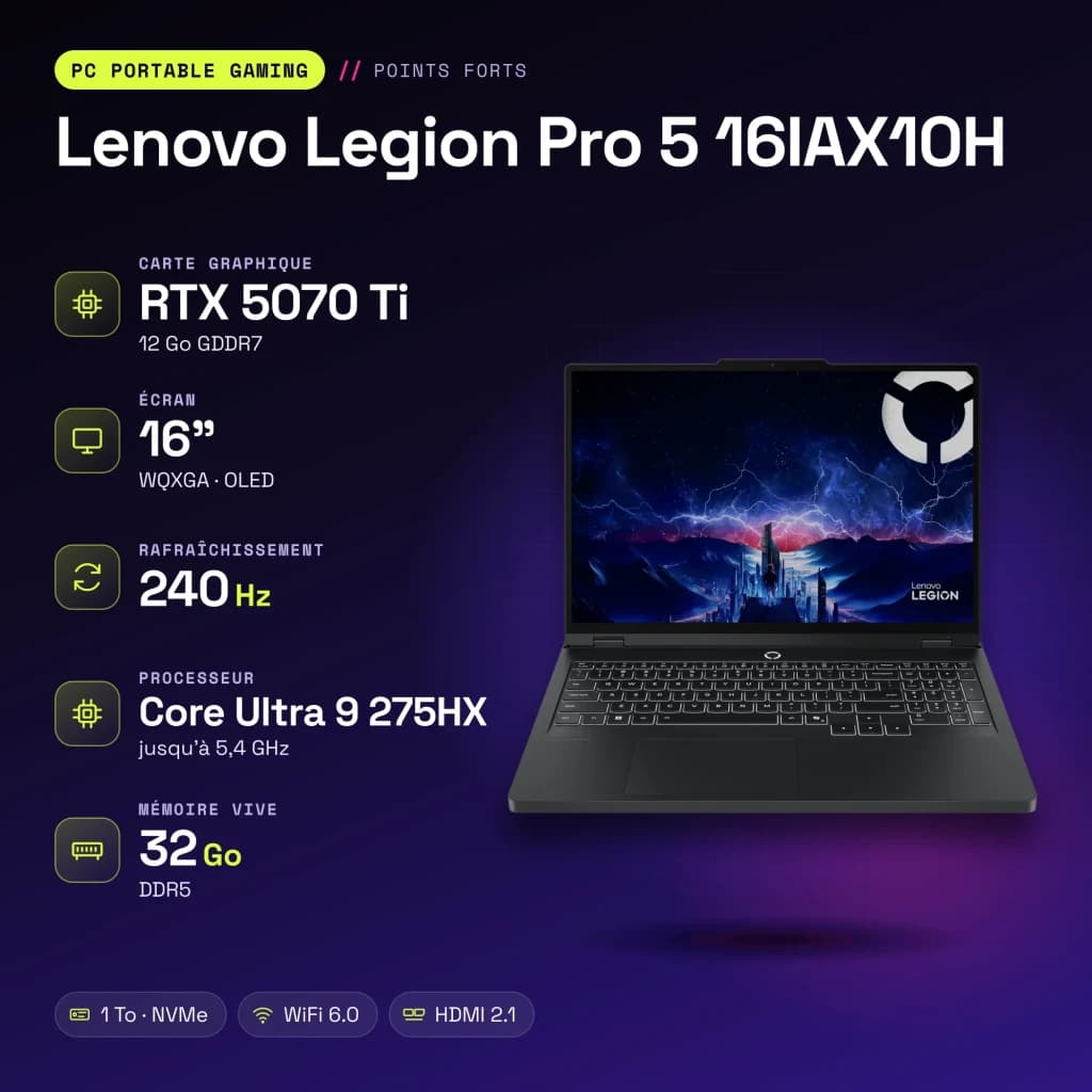Portátil Gaming Lenovo Legion Pro 5 32GB/1TB SSD RTX 5070 Ti 12GB GDDR7 16 polegadas OLED QHD Intel Core Ultra 9 275HX NVMe PCIe 4.0 Sem Sistema Operativo Preto 16IAX10H - características