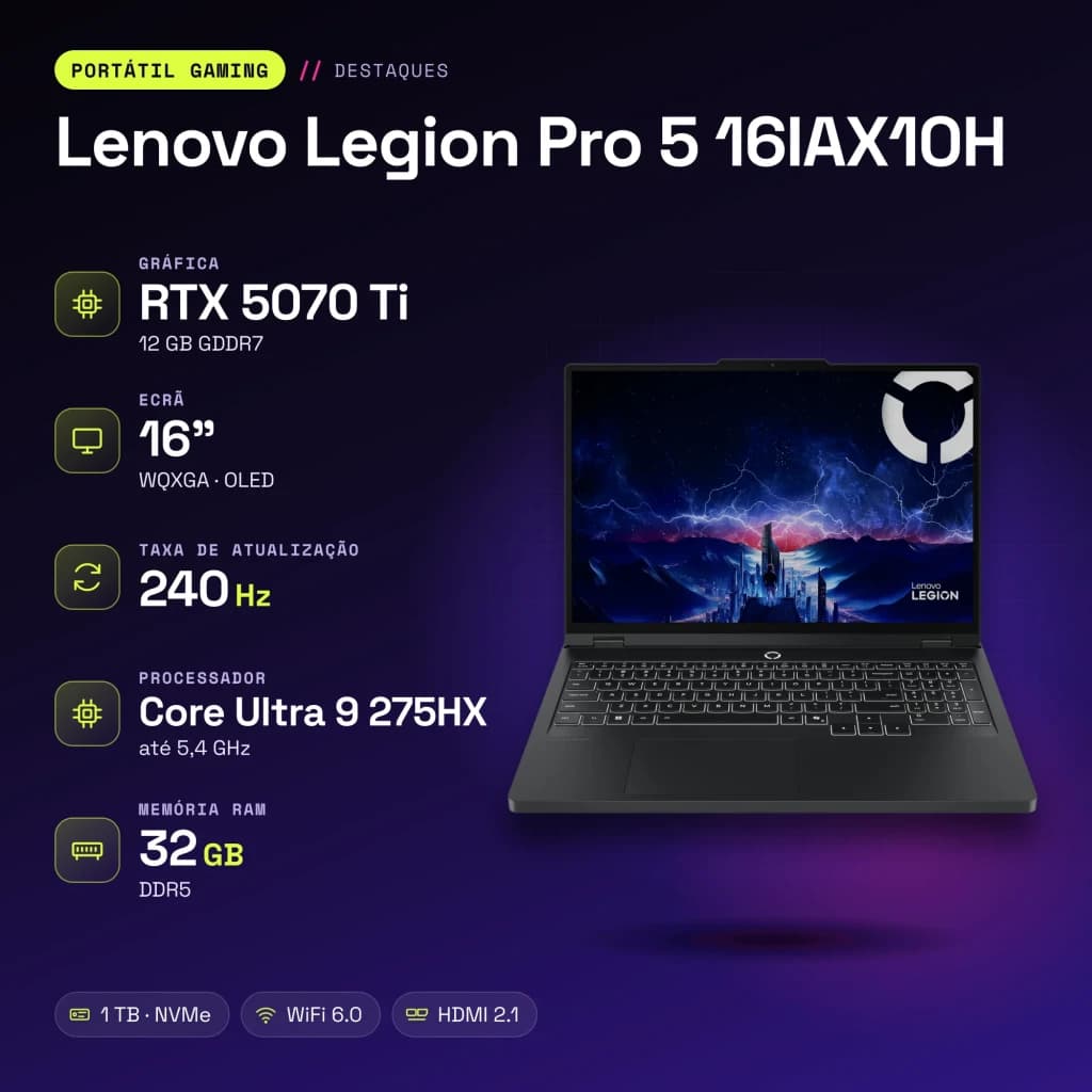 Portátil Gaming Lenovo Legion Pro 5 32GB/1TB SSD RTX 5070 Ti 12GB GDDR7 16 polegadas OLED QHD Intel Core Ultra 9 275HX NVMe PCIe 4.0 Sem Sistema Operativo Preto 16IAX10H - características