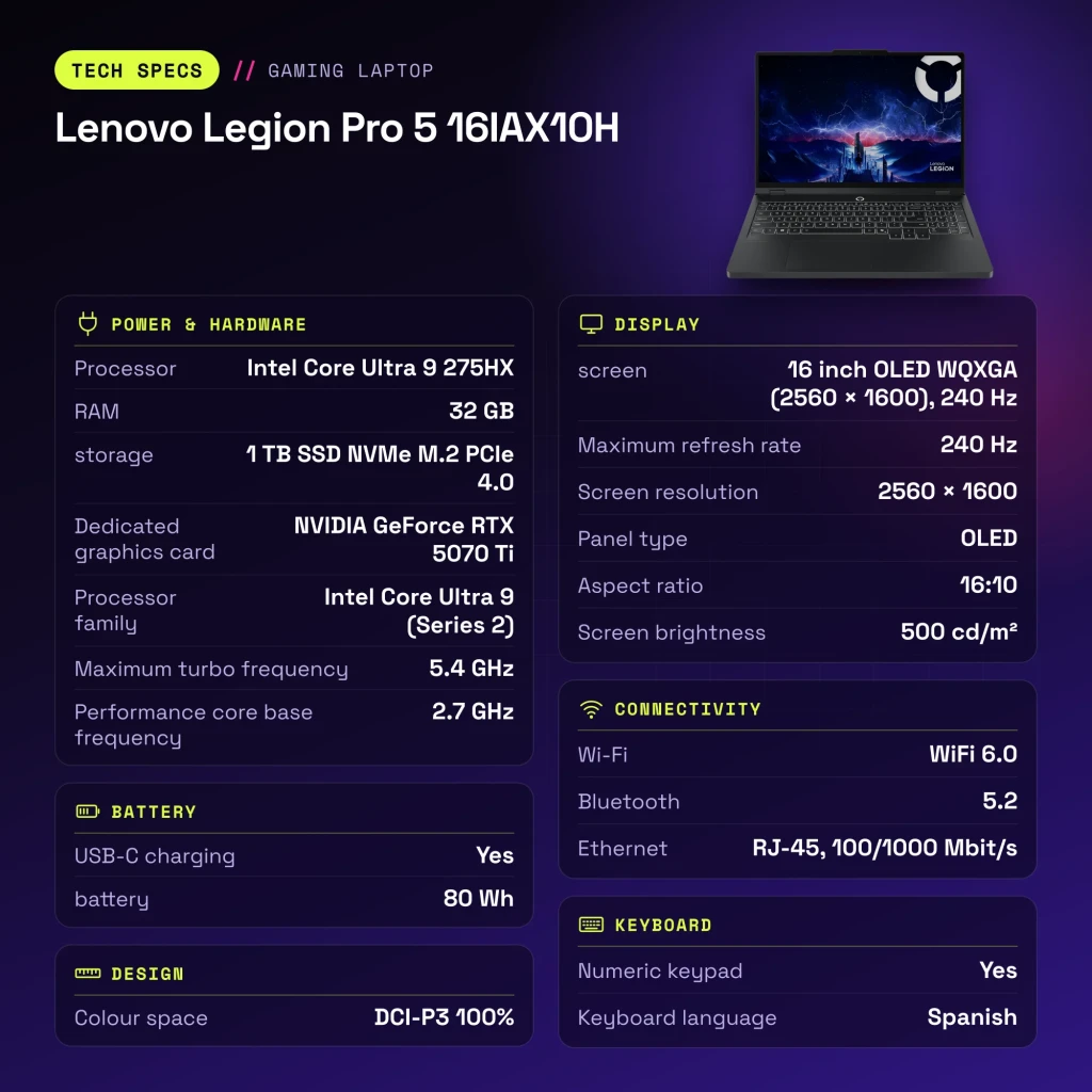 Portátil Gaming Lenovo Legion Pro 5 32GB/1TB SSD RTX 5070 Ti 12GB GDDR7 16 polegadas OLED QHD Intel Core Ultra 9 275HX NVMe PCIe 4.0 Sem Sistema Operativo Preto 16IAX10H - características