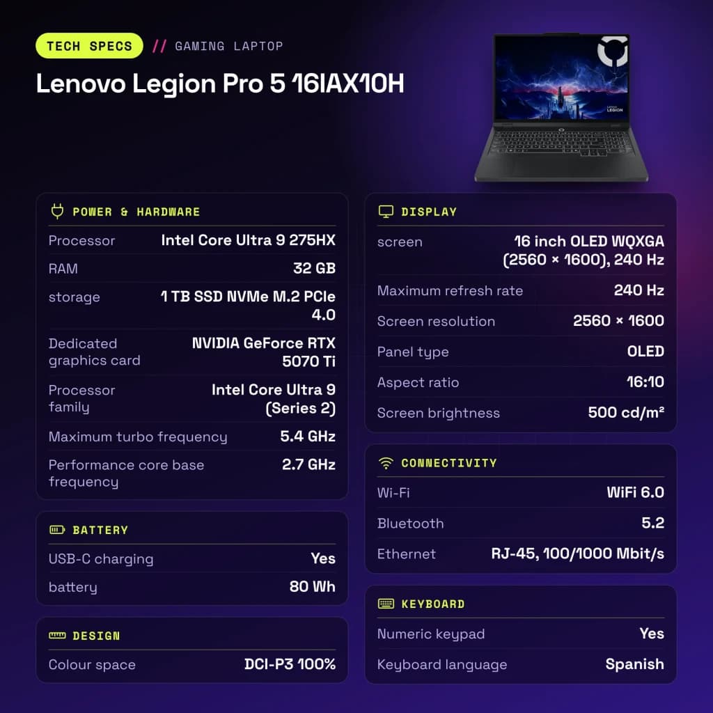 Portátil Gaming Lenovo Legion Pro 5 32GB/1TB SSD RTX 5070 Ti 12GB GDDR7 16 polegadas OLED QHD Intel Core Ultra 9 275HX NVMe PCIe 4.0 Sem Sistema Operativo Preto 16IAX10H - características