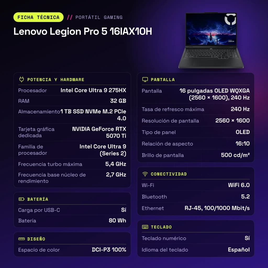 Portátil Gaming Lenovo Legion Pro 5 32GB/1TB SSD RTX 5070 Ti 12GB GDDR7 16 polegadas OLED QHD Intel Core Ultra 9 275HX NVMe PCIe 4.0 Sem Sistema Operativo Preto 16IAX10H - características
