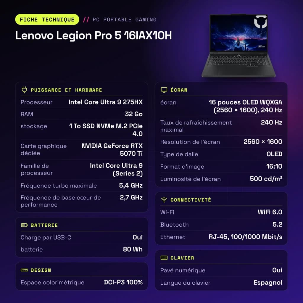 Portátil Gaming Lenovo Legion Pro 5 32GB/1TB SSD RTX 5070 Ti 12GB GDDR7 16 polegadas OLED QHD Intel Core Ultra 9 275HX NVMe PCIe 4.0 Sem Sistema Operativo Preto 16IAX10H - características