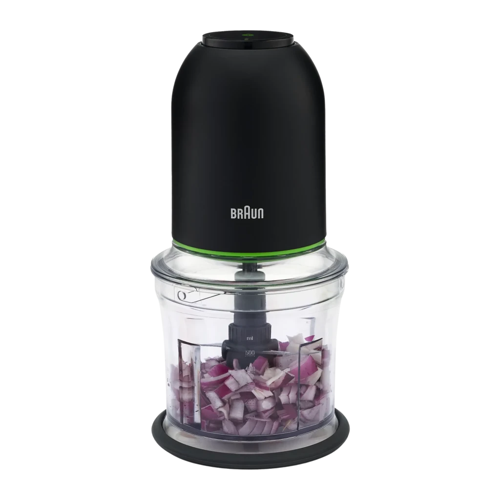 Hachoir électrique Braun MultiPractic 3 0,5L 500W 2 vitesses Noir CH3011BK, détail: bol transparent avec oignon haché
