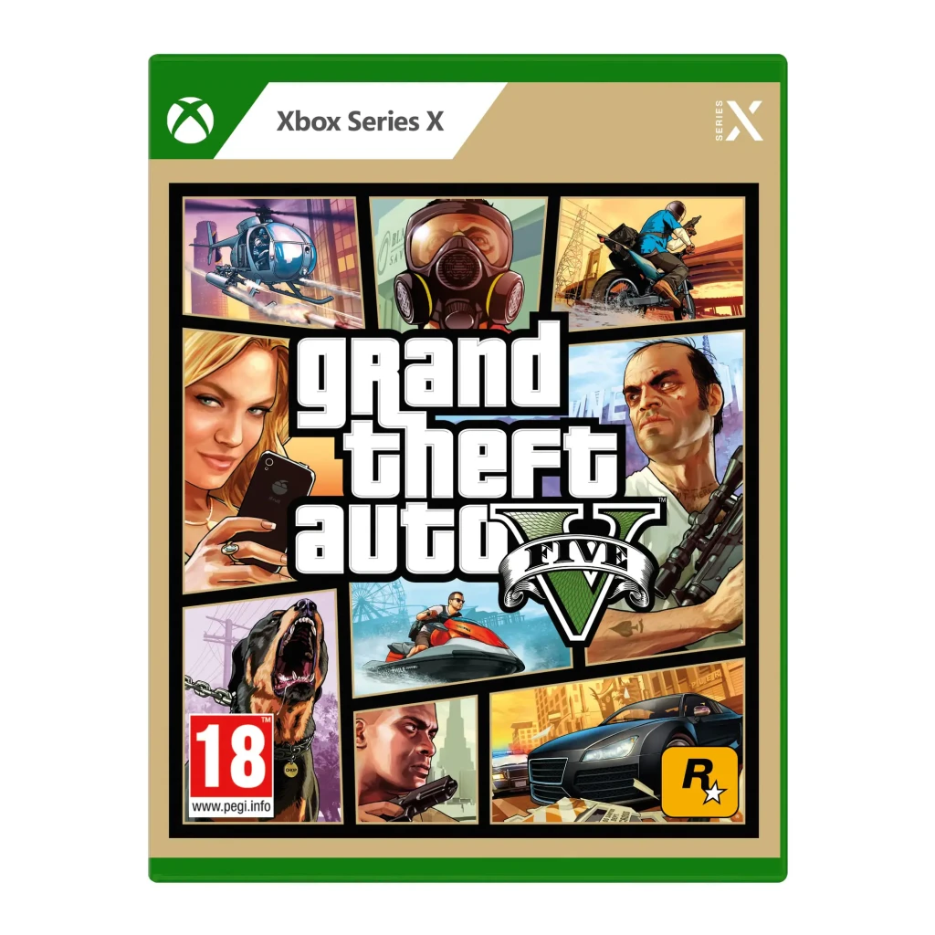 Videojogo Rockstar Games Grand Theft Auto V Xbox Series X, vista frontal: capa dourada com personagens, logo GTA V