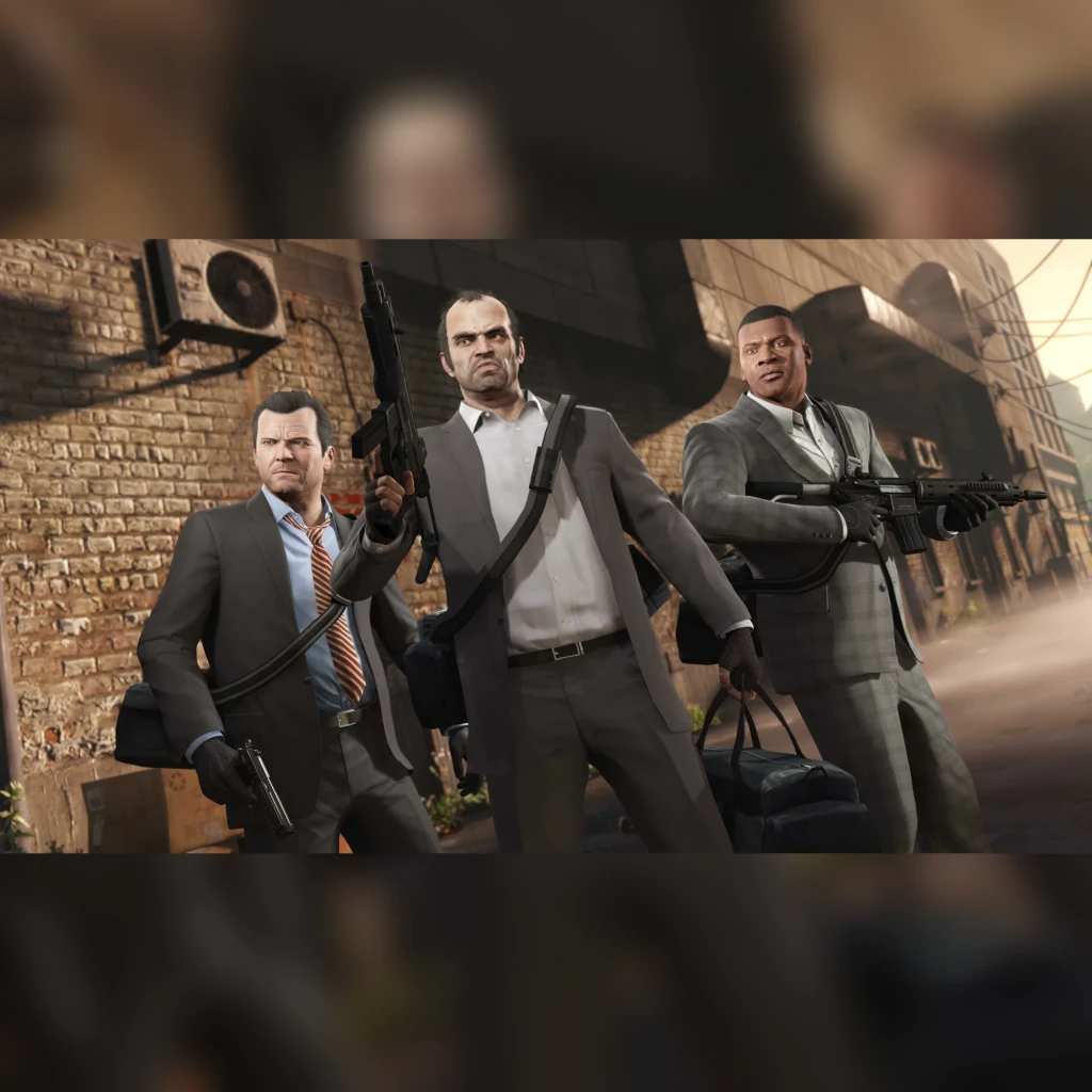 Videojogo Rockstar Games Grand Theft Auto V Xbox Series X, em uso: três protagonistas armados de fato junto a parede