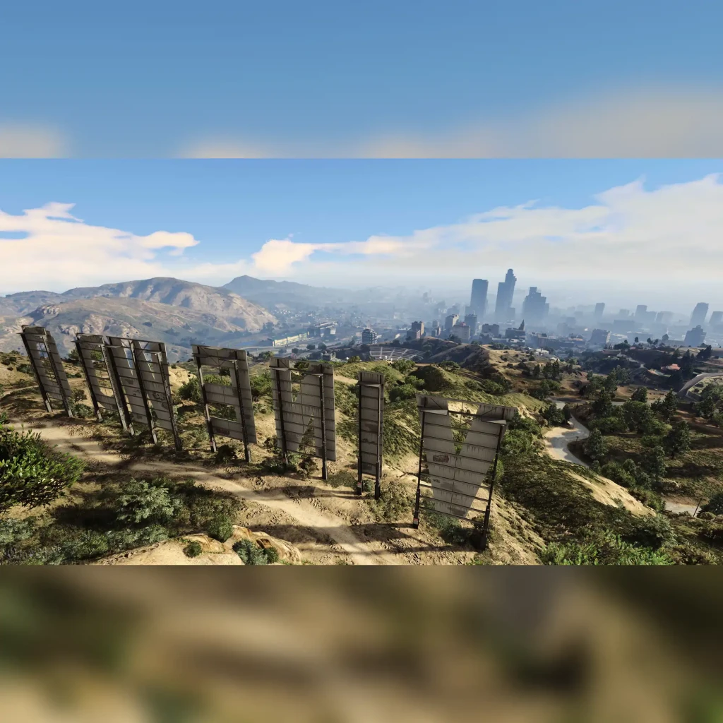 Videojogo Rockstar Games Grand Theft Auto V Xbox Series X, em uso: letreiro Vinewood em colina com skyline de Los Santos ao