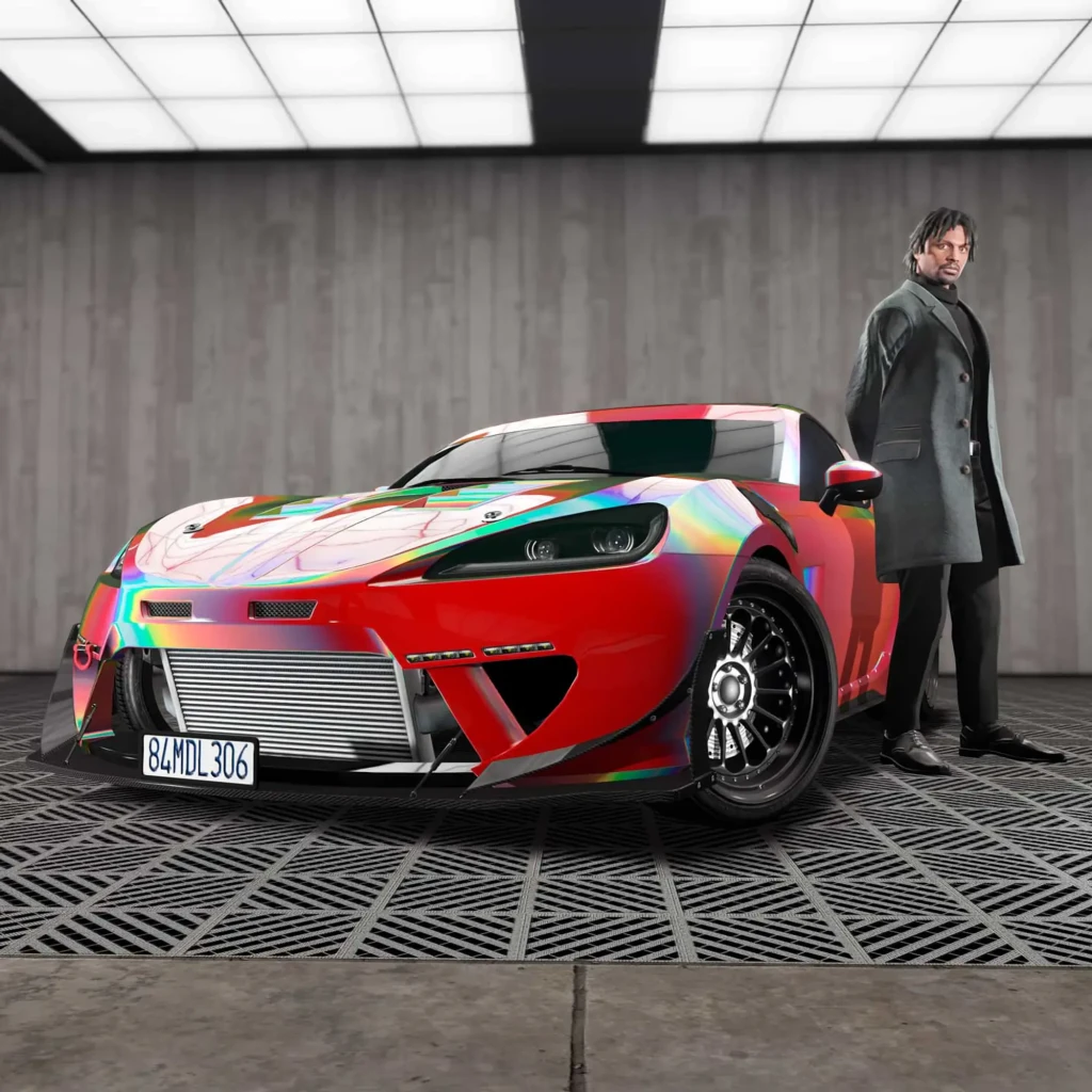 Videojogo Rockstar Games Grand Theft Auto V Xbox Series X, em uso: personagem ao lado de desportivo vermelho holográfico