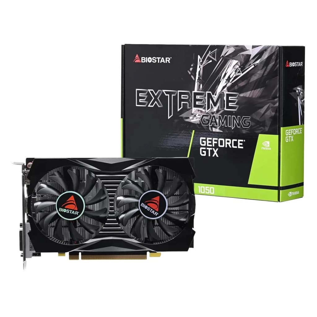 Biostar GeForce GTX 1050 4GB GDDR5 Dual Fan, contenido de la caja: tarjeta negra con dos ventiladores Biostar y caja Extreme