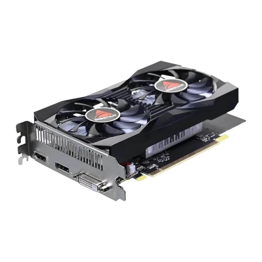 Biostar GeForce GTX 1050 4GB GDDR5 Dual Fan, detalle: vista en ángulo con dos ventiladores, bracket y puertos HDMI