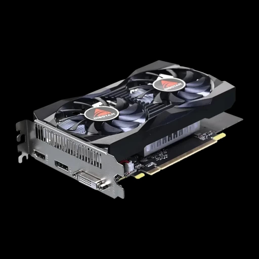 Biostar GeForce GTX 1050 4GB GDDR5 Dual Fan, detalle: vista en ángulo con dos ventiladores, bracket y puertos HDMI