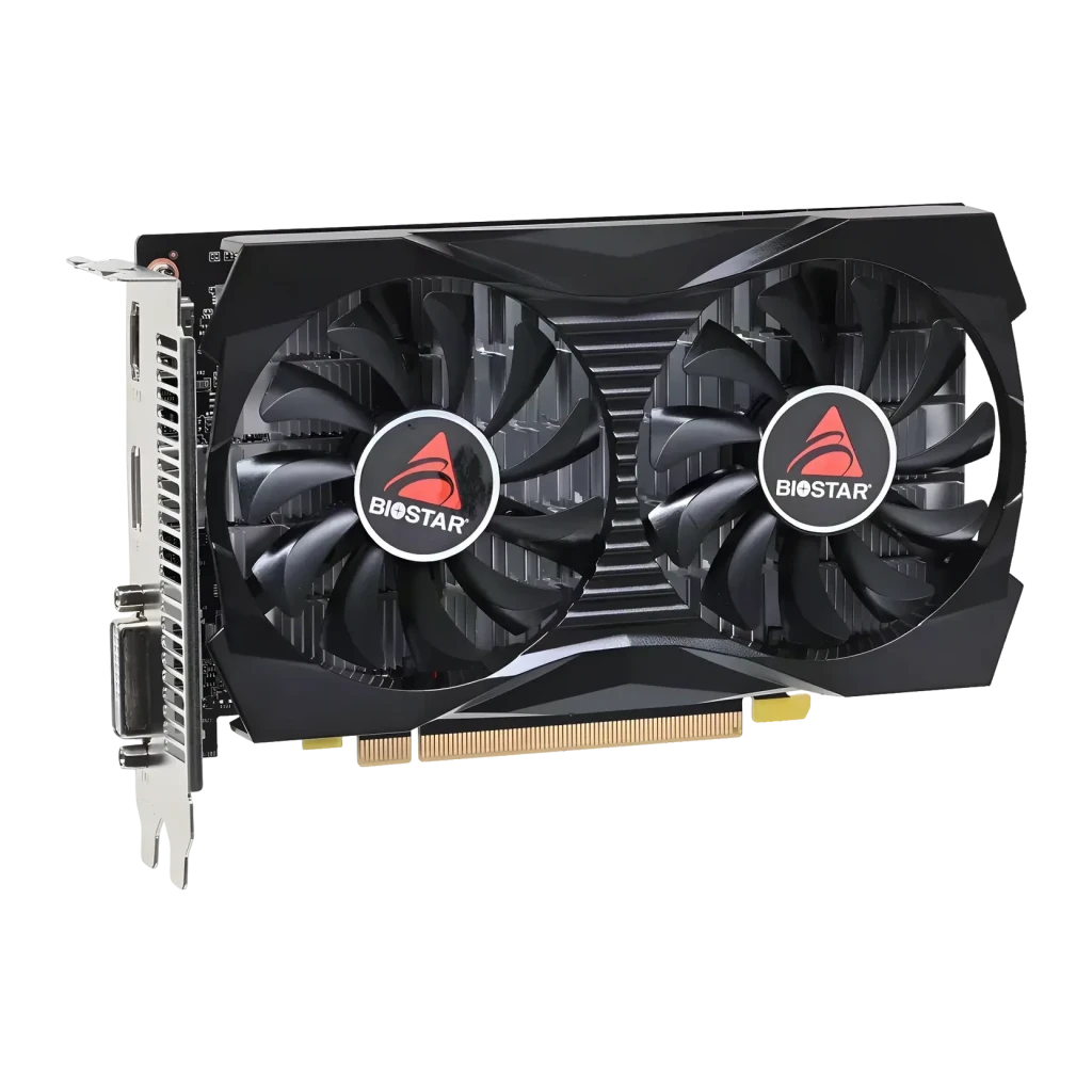 Biostar GeForce GTX 1050 4GB GDDR5 Dual Fan, vista frontal: cubierta negra con dos ventiladores y logo Biostar rojo, bracket