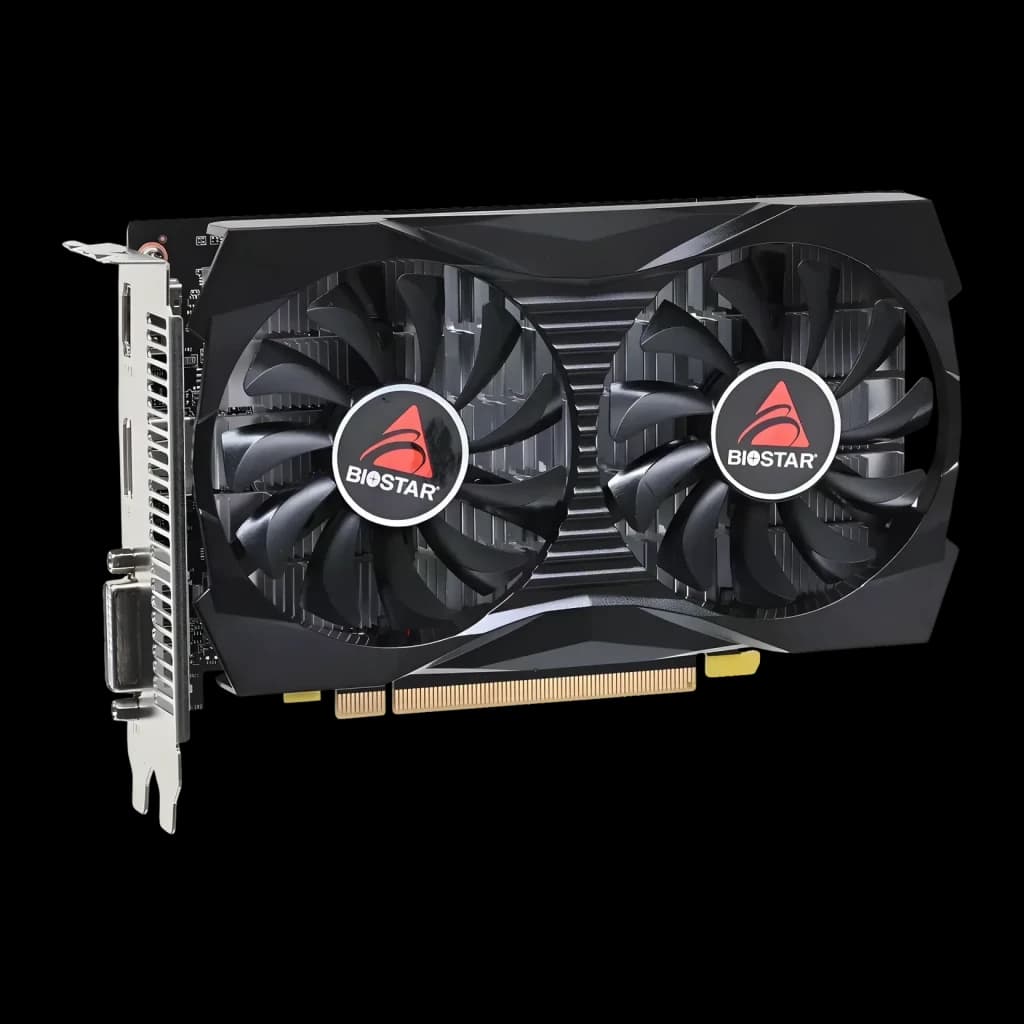 Biostar GeForce GTX 1050 4GB GDDR5 Dual Fan, vista frontal: cubierta negra con dos ventiladores y logo Biostar rojo, bracket