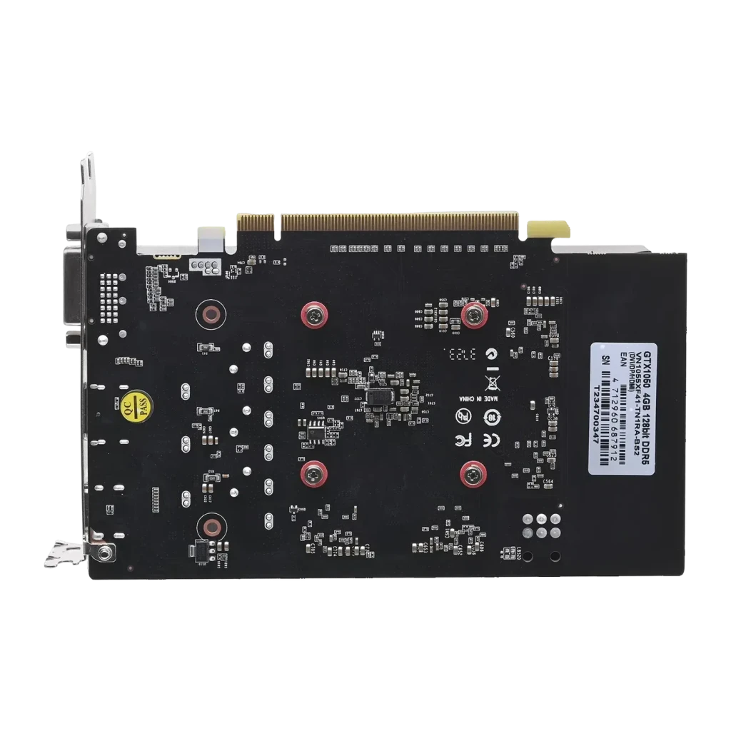 Biostar GeForce GTX 1050 4GB GDDR5 Dual Fan, vista trasera: PCB negro con tornillos rojos, conector PCIe y etiqueta