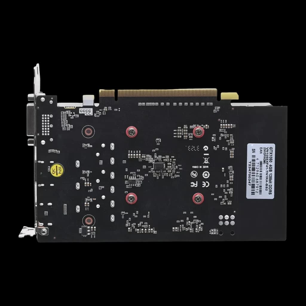 Biostar GeForce GTX 1050 4GB GDDR5 Dual Fan, vista trasera: PCB negro con tornillos rojos, conector PCIe y etiqueta