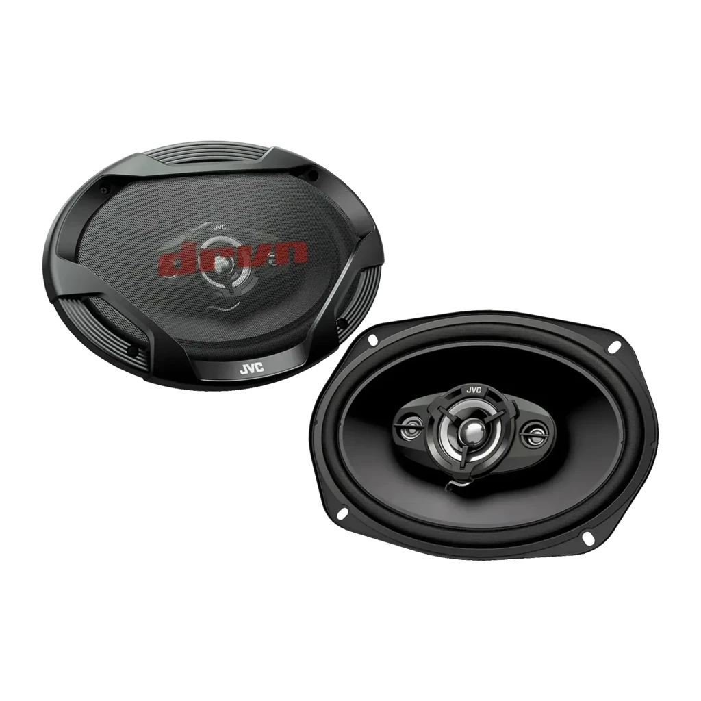 Altavoces para coche JVC DRVN Series 4 vías 550W Negro CS-DR6942, vista frontal: par ovalado, uno con rejilla y logo DRVN