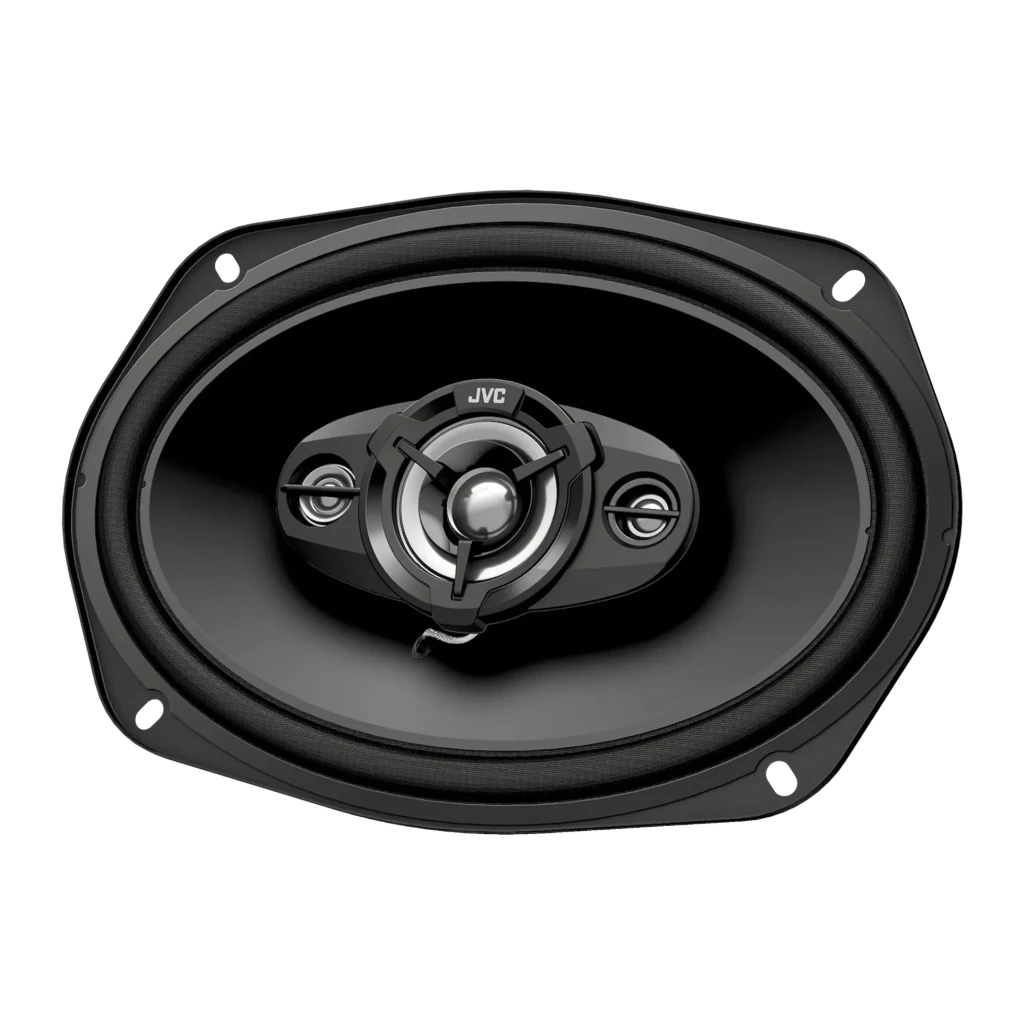 Altavoces para coche JVC DRVN Series 4 vías 550W Negro CS-DR6942, detalle: cono oval, tweeter central metálico y logo JVC