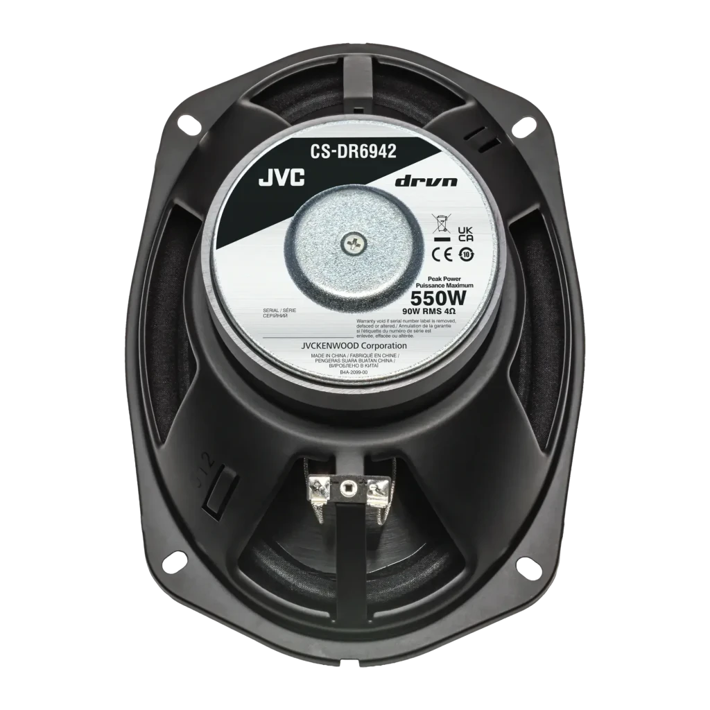 Altavoces para coche JVC DRVN Series 4 vías 550W Negro CS-DR6942, vista trasera: imán, etiqueta con modelo y terminales