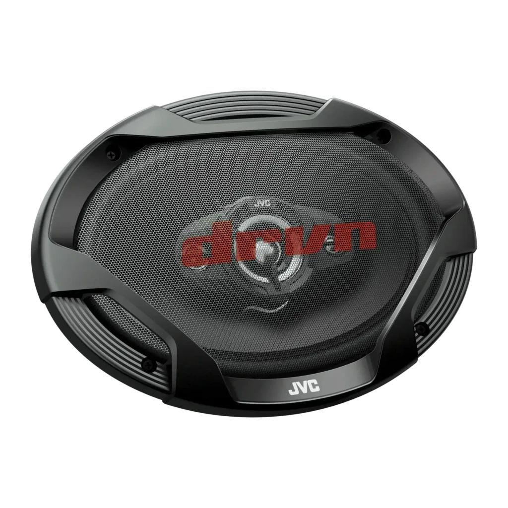 Altavoces para coche JVC DRVN Series 4 vías 550W Negro CS-DR6942, detalle: rejilla frontal con logo DRVN en rojo y tweeter