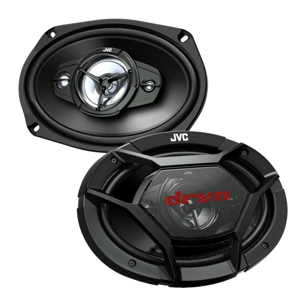 Altavoces para coche JVC DRVN Series 4 vías 550W Negro CS-DR6942, detalle: par visto sin rejilla y con rejilla DRVN en rojo